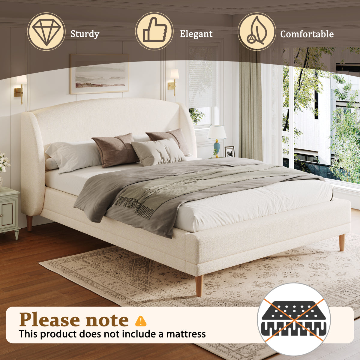 Hazel King Bed Frame | White Boucle Wingback Platform Bed