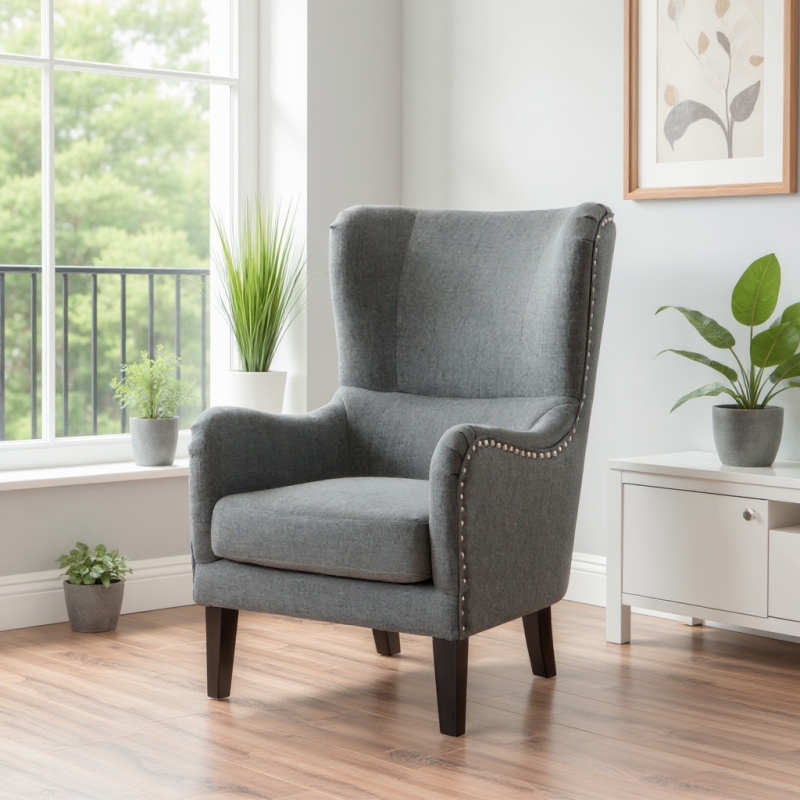 Hi-Back Studded Arm Chair: Elegant Seating for Living Room & Study