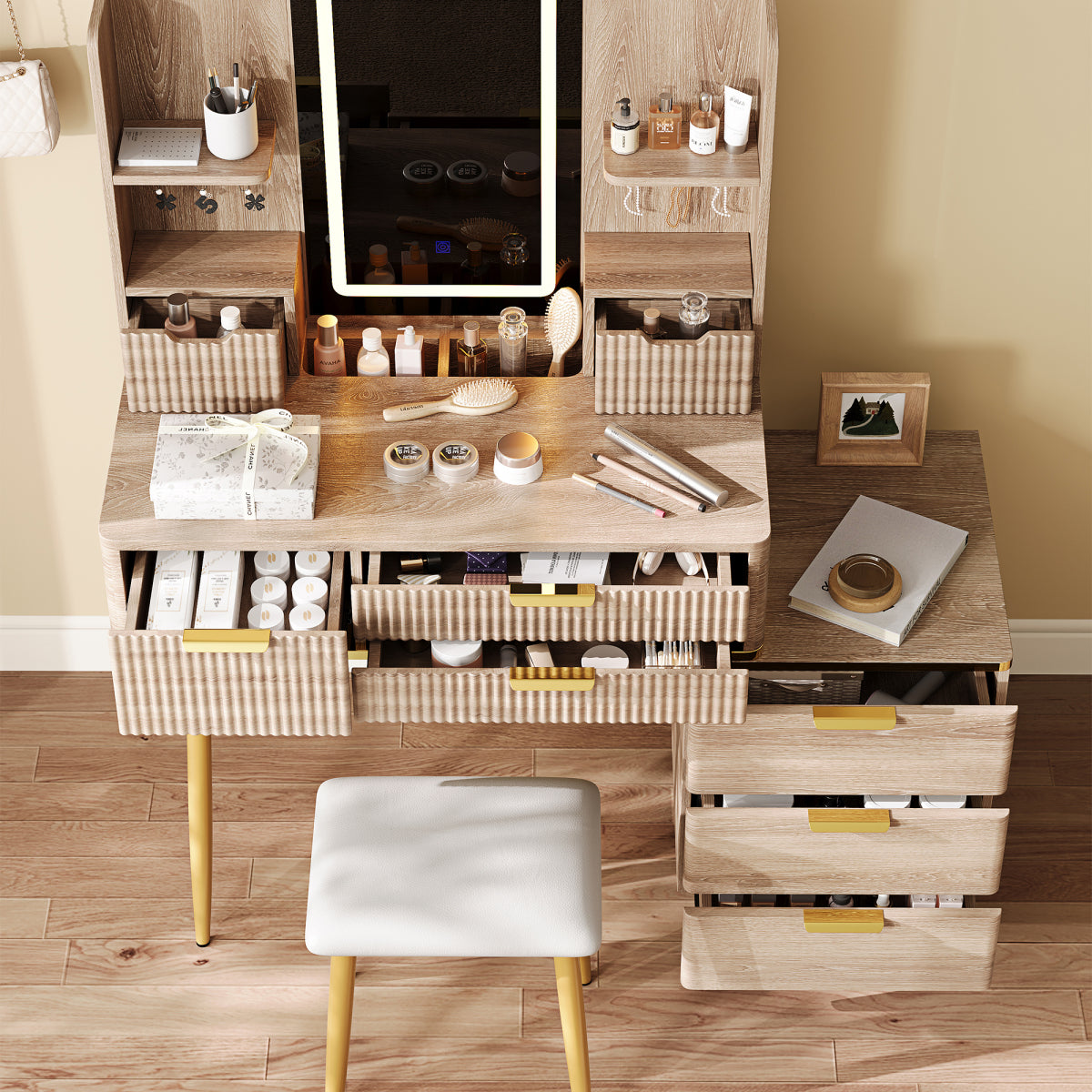 7-Drawer Vanity Desk: LED Mirror, Carved Details, Stool & Jewelry Storage