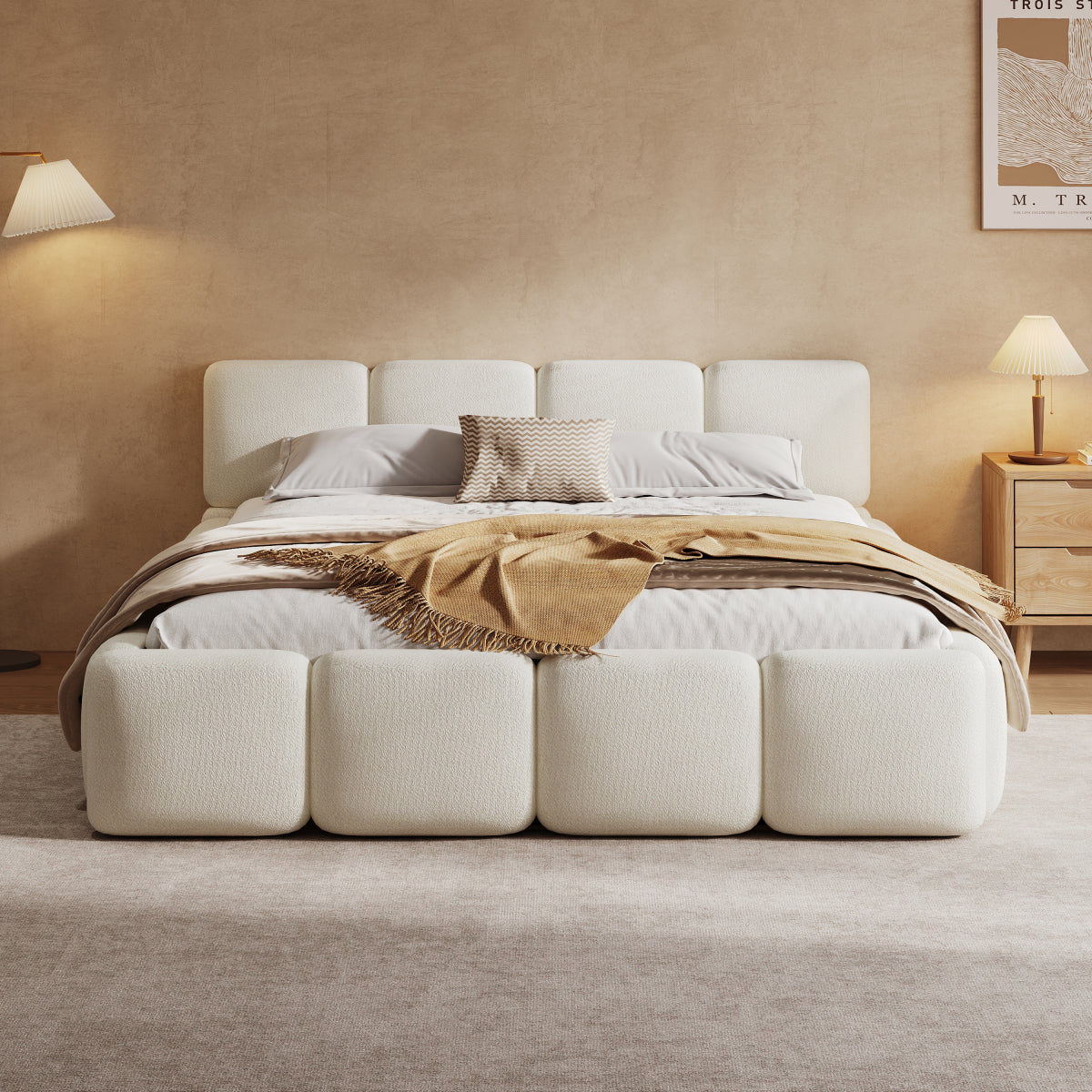 King White Boucle Upholstered Bed | Grounded Block Style