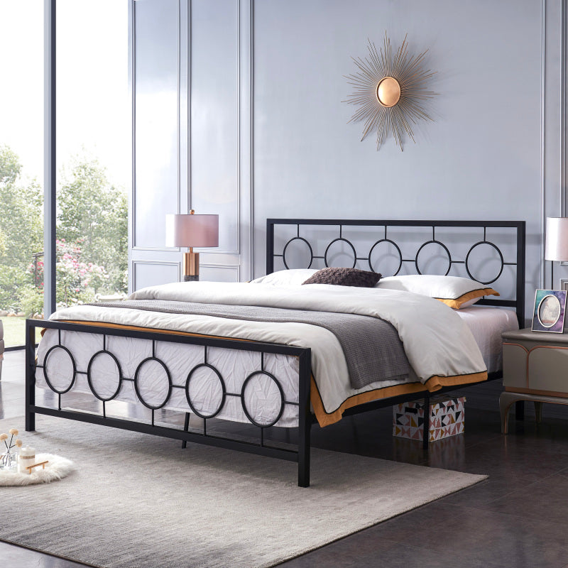 King size Classical Metal Bed Frame with Circular Design Headboard and Footboard, Under Bed Space, Black