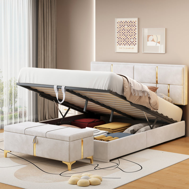 Black Queen 2-Pc Set: Upholstered Hydraulic Storage Bed & Ottoman