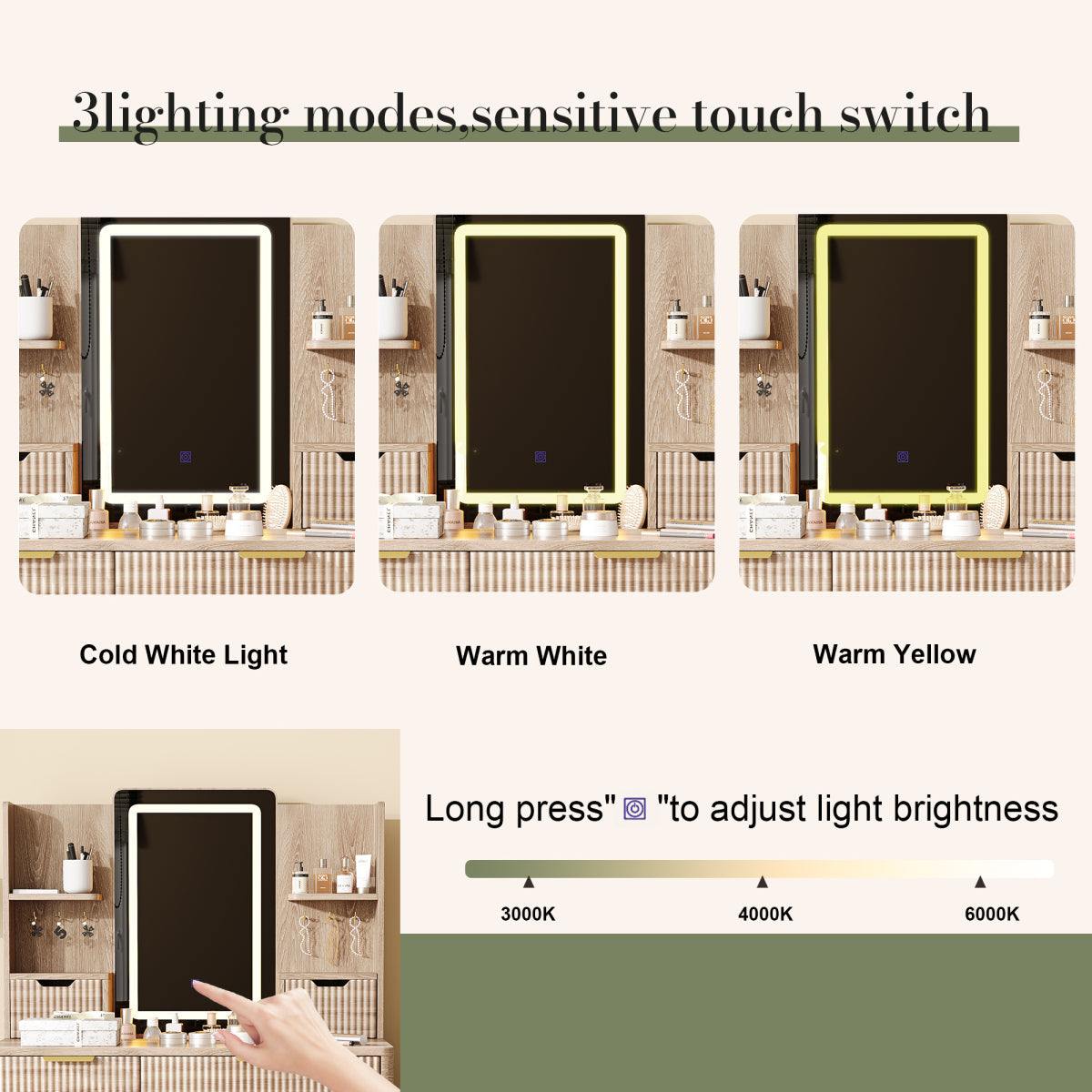 7-Drawer Vanity Desk: LED Mirror, Carved Details, Stool & Jewelry Storage