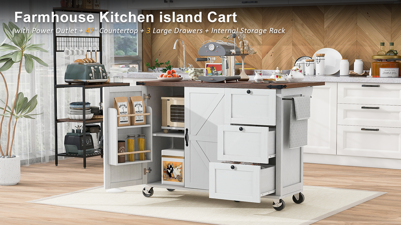 54.5" Farmhouse Kitchen Island – Drop Leaf, Power Outlet, Storage Racks, Rolling Cart-white