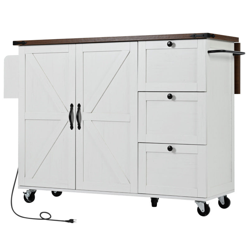 54.5" Farmhouse Kitchen Island – Drop Leaf, Power Outlet, Storage Racks, Rolling Cart-white