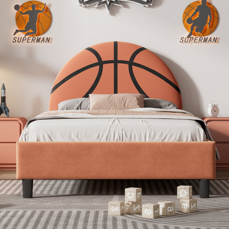 Sporty Basketball Twin Bed in Orange – Kids Upholstered Platform Frame