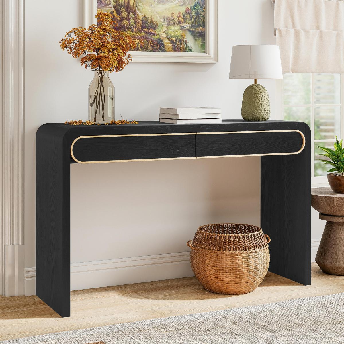 Black Narrow Console Table with Drawers | Entryway & Sofa Table