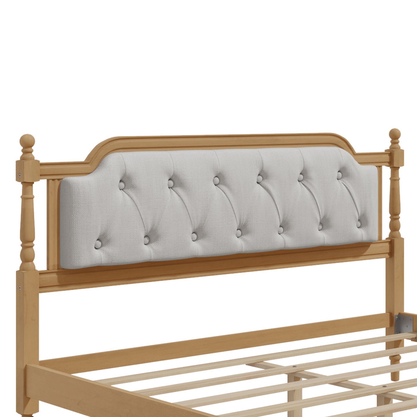 Queen Solid Wood Bed Frame with Tufted Headboard - No Box Spring, Antique Walnut