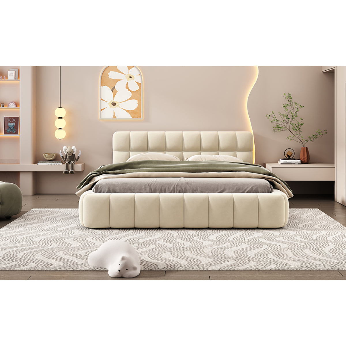 Modern Queen Grounded Bed: Beige Thick Fabric Upholstered Platform Bed