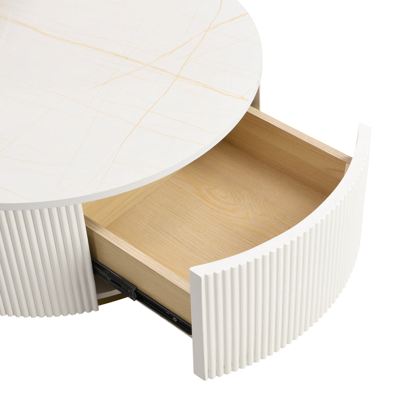 27.6" Round Nesting Coffee Table | Fluted, White & Gold with Drawer