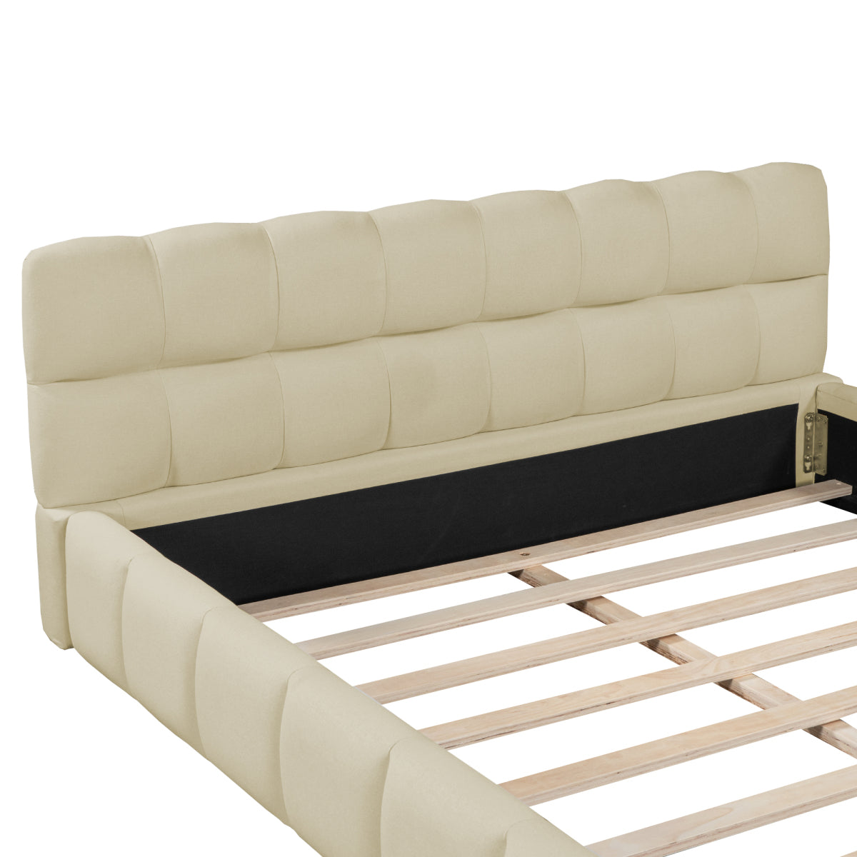 Modern Queen Grounded Bed: Beige Thick Fabric Upholstered Platform Bed