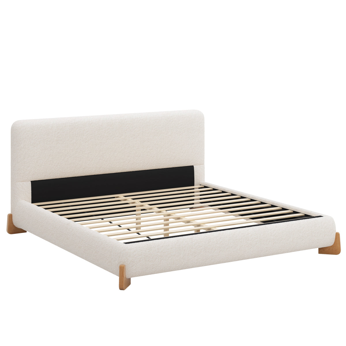 Modern King White Boucle Upholstered Bed: Luxury Platform Bed Frame