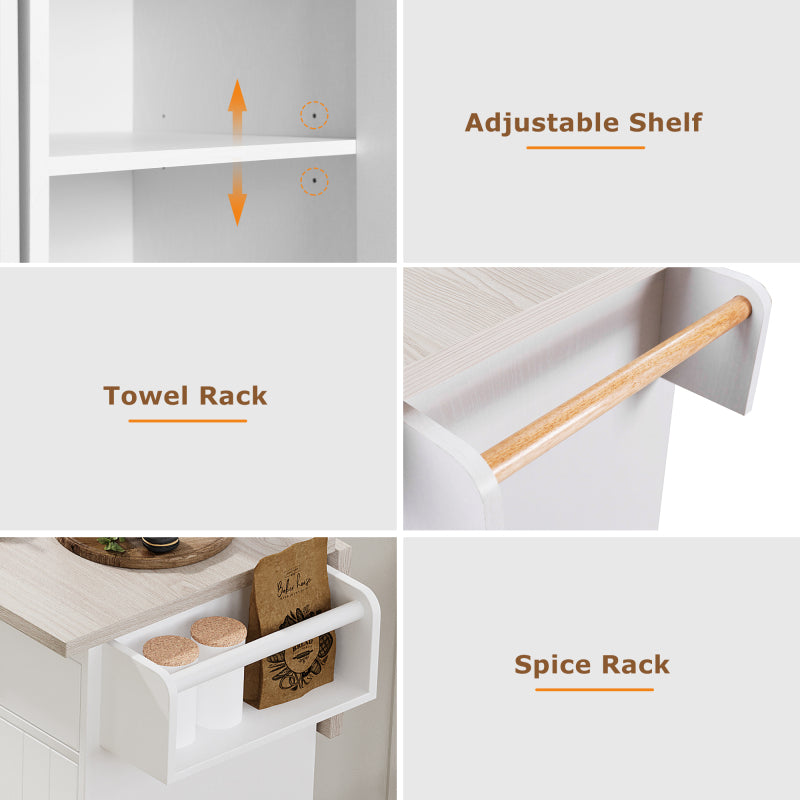 White Kitchen Island with Trash Cabinet & Drop Leaf