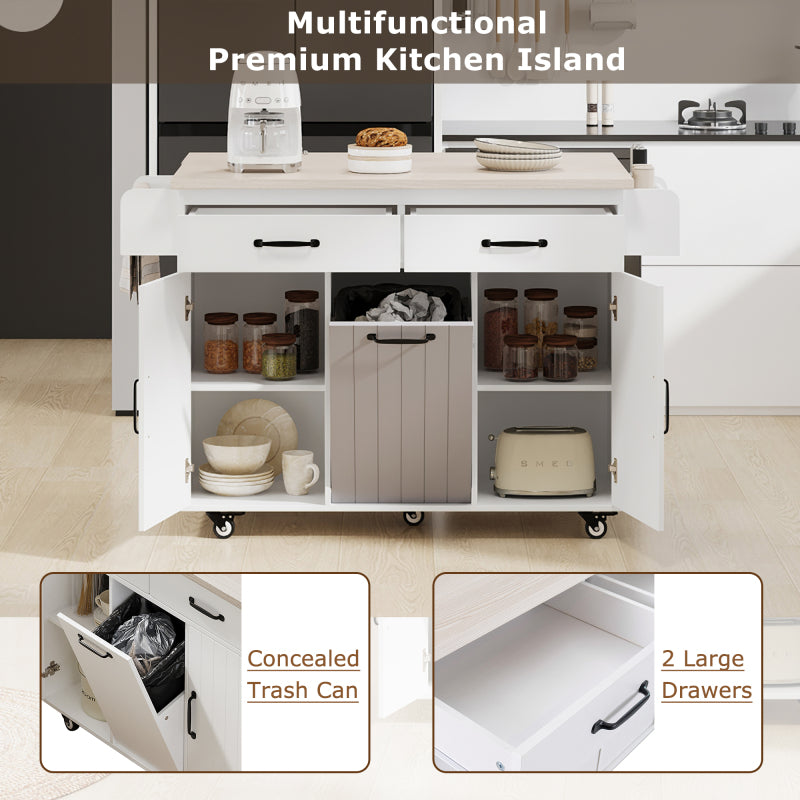 White Kitchen Island with Trash Cabinet & Drop Leaf