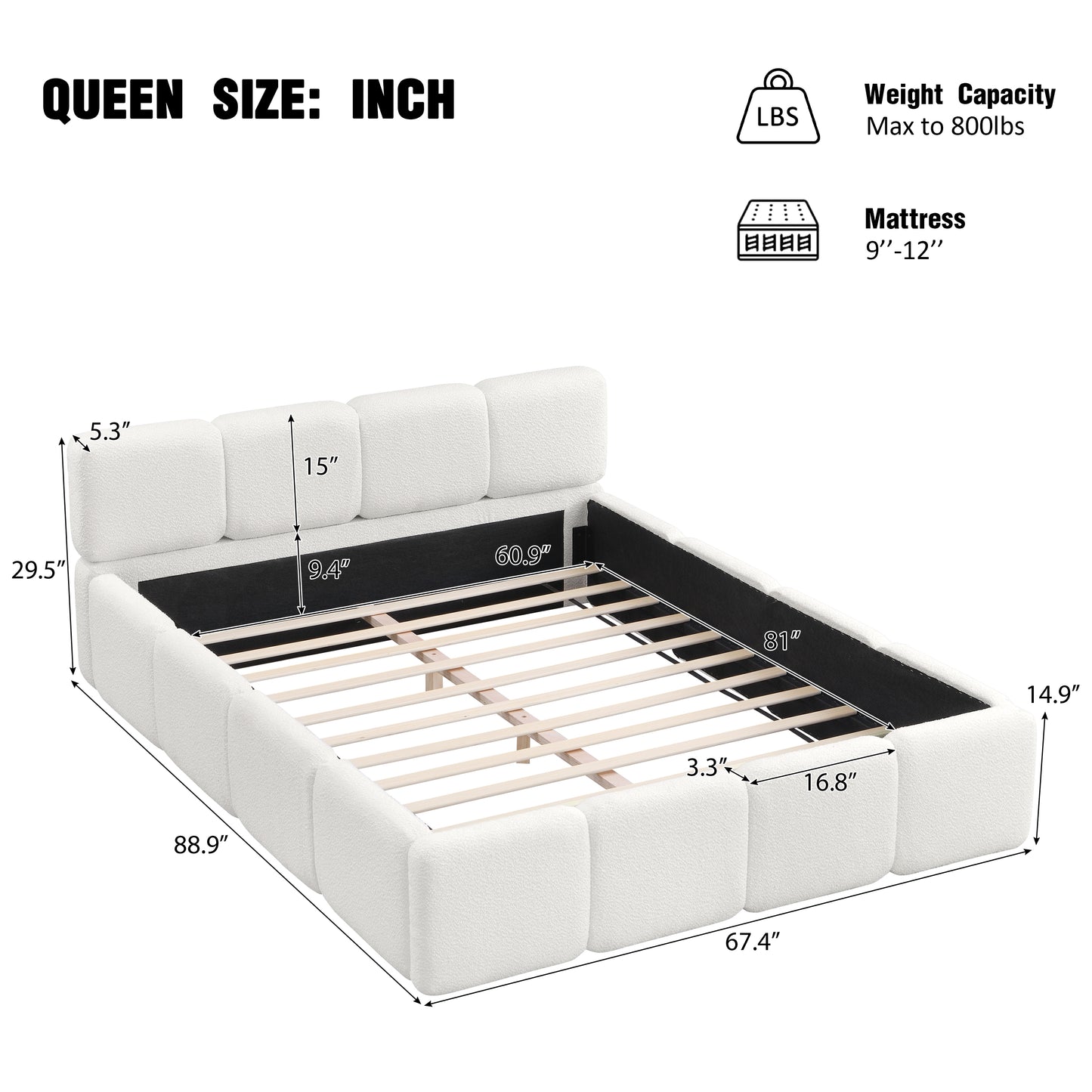 Queen White Boucle Upholstered Bed | Grounded Block Style