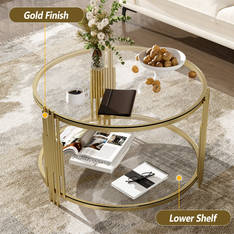 Asymmetrical Gold Coffee Table | Circular Base & Glass Top