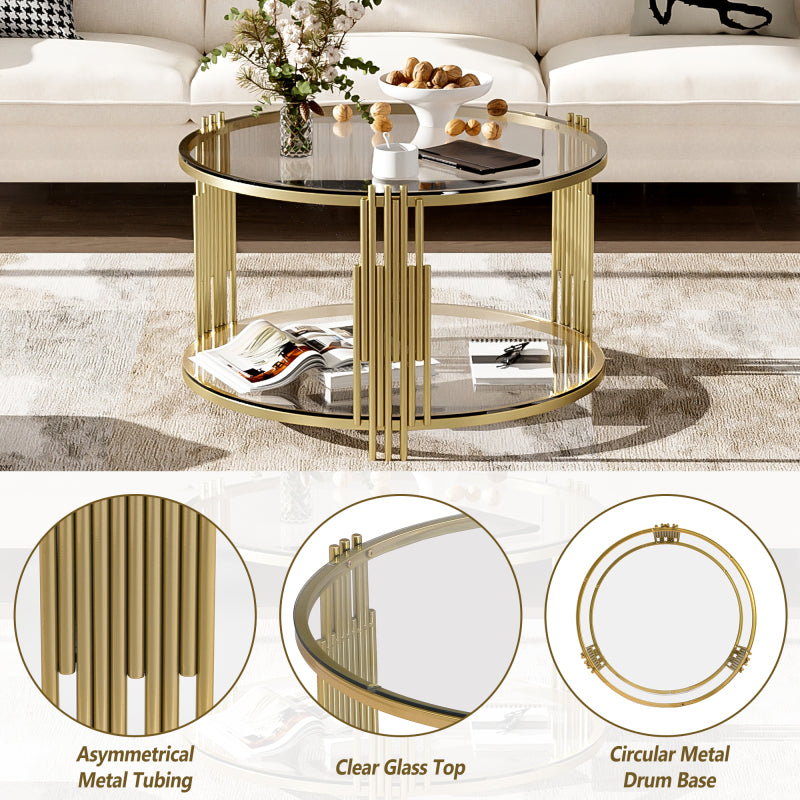 Asymmetrical Gold Coffee Table | Circular Base & Glass Top