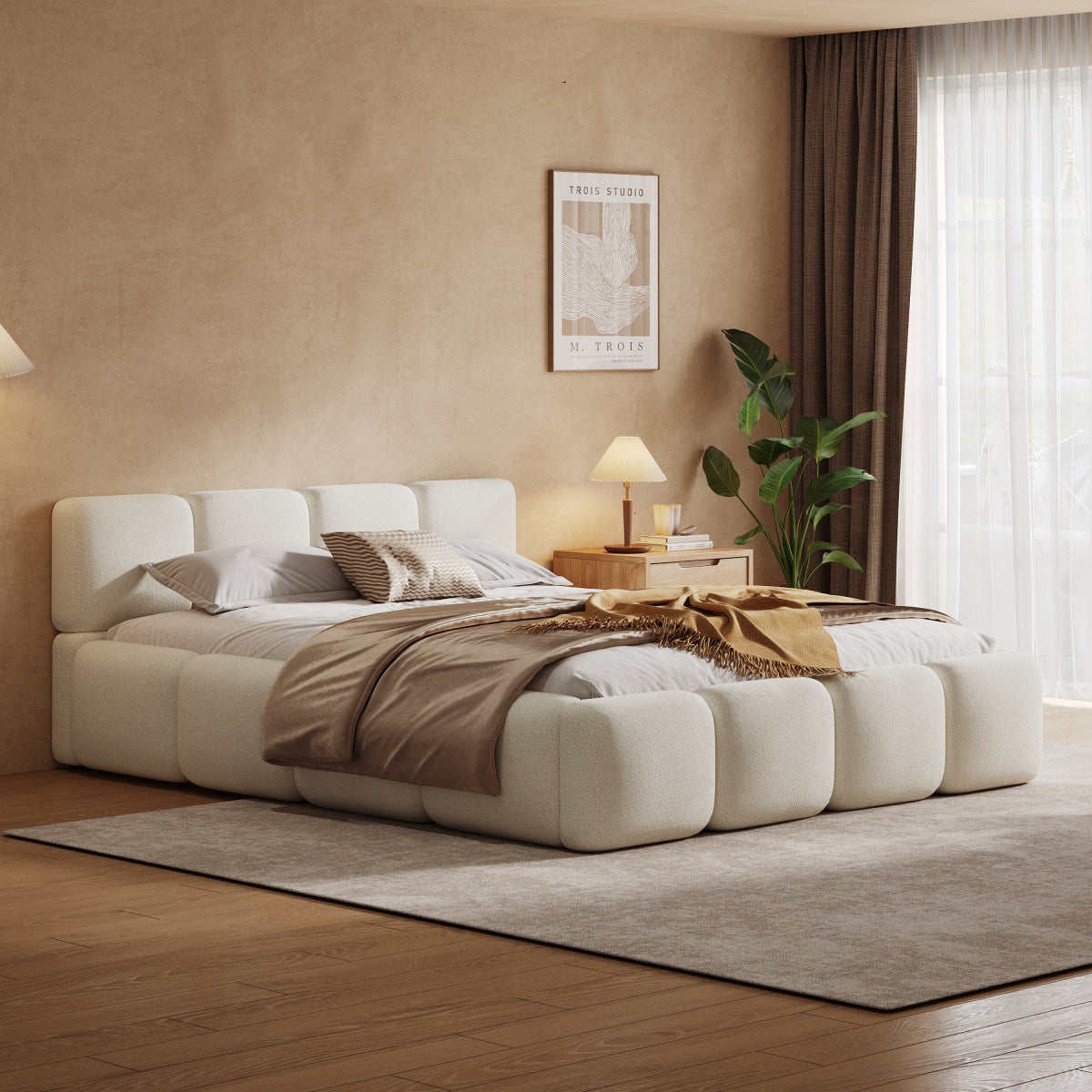 King White Boucle Upholstered Bed | Grounded Block Style