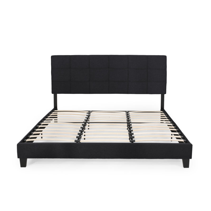 King-size Upholstered Platform Bed Frame with Contemporary Tufted Waffle Stitching, Easy Assembly, Black