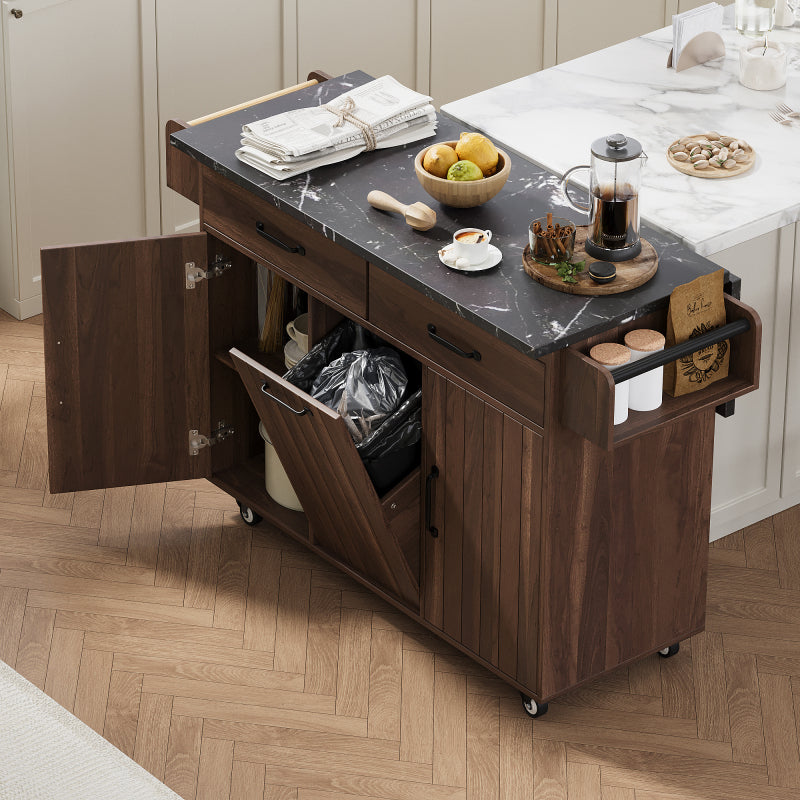 White Kitchen Island with Trash Cabinet & Drop Leaf