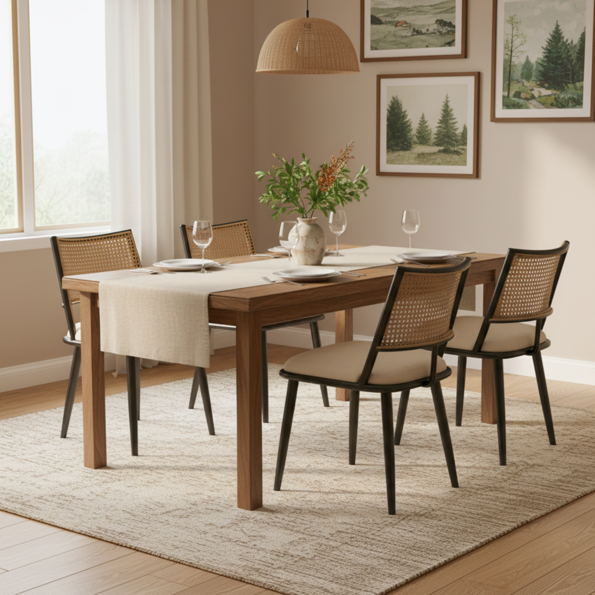 Set of 2 Modern PU Dining Chairs with Rattan Backrest