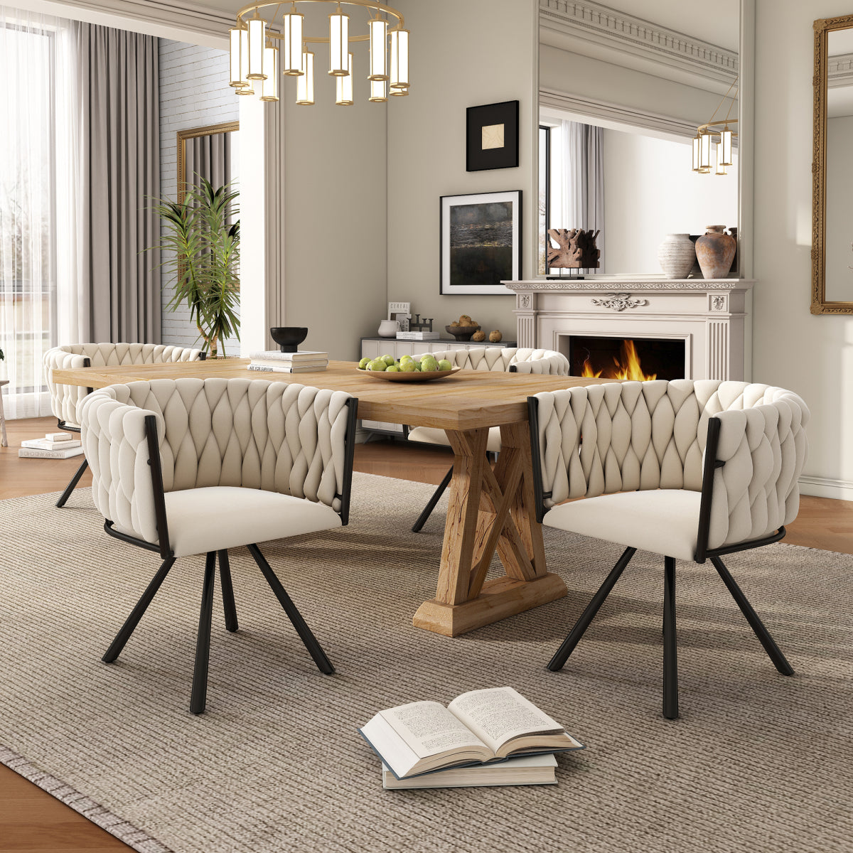 Set of 2 Beige Velvet Swivel Dining Chairs | 360° Tufted