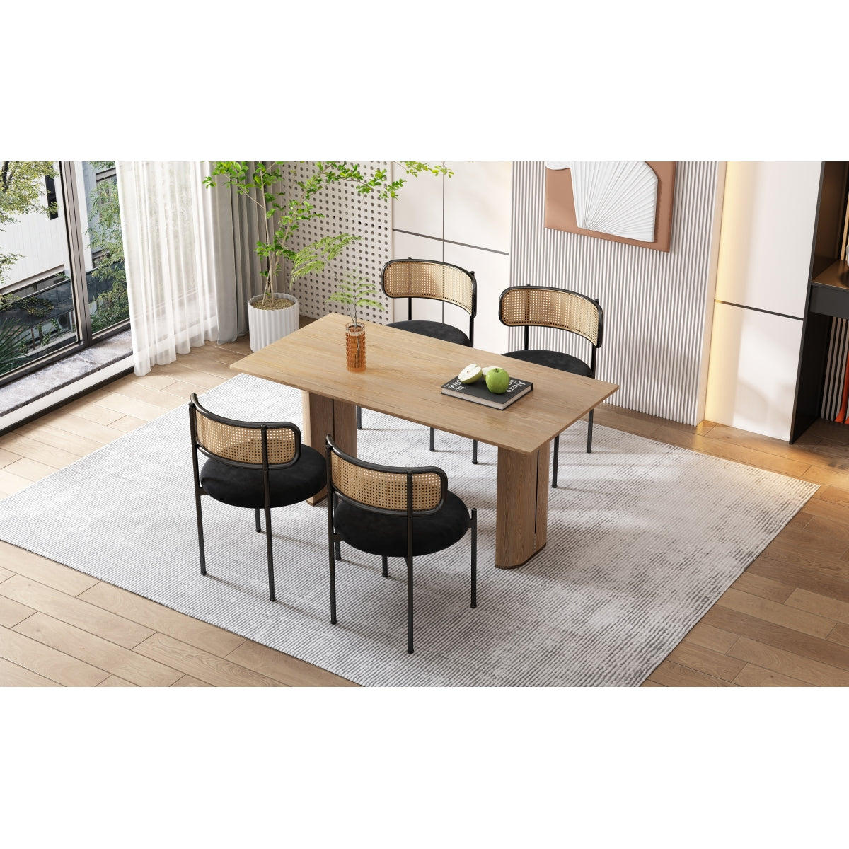Set of 4 Velvet Dining Chairs with Rattan Backrest | Black