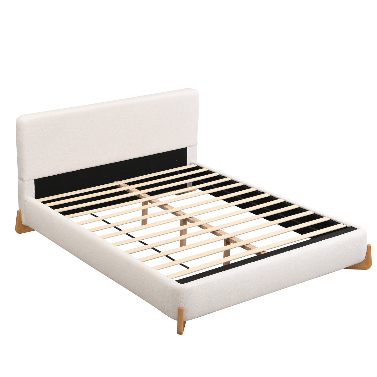 Modern King White Boucle Upholstered Bed: Luxury Platform Bed Frame