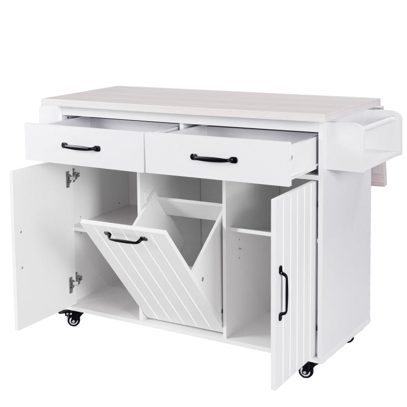 White Kitchen Island with Trash Cabinet & Drop Leaf