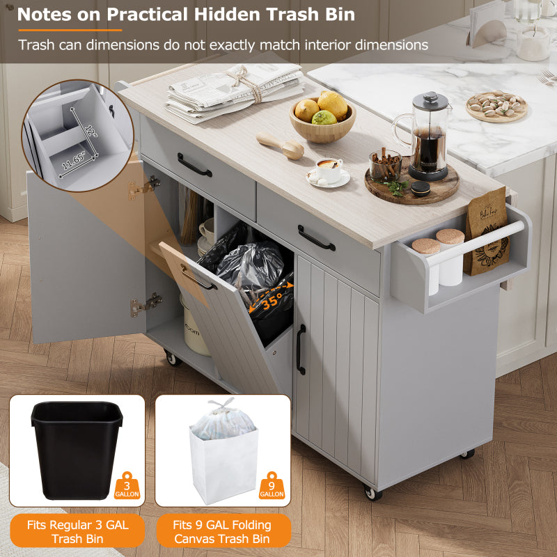 Kitchen Island with Tilt-Out Trash Bin & Drop Leaf, Rolling Storage Cart