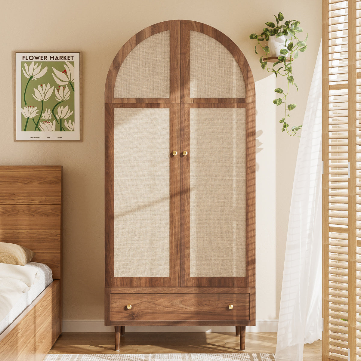 Modern Walnut Wardrobe Armoire: Fabric Door Clothing Cabinet with Drawer