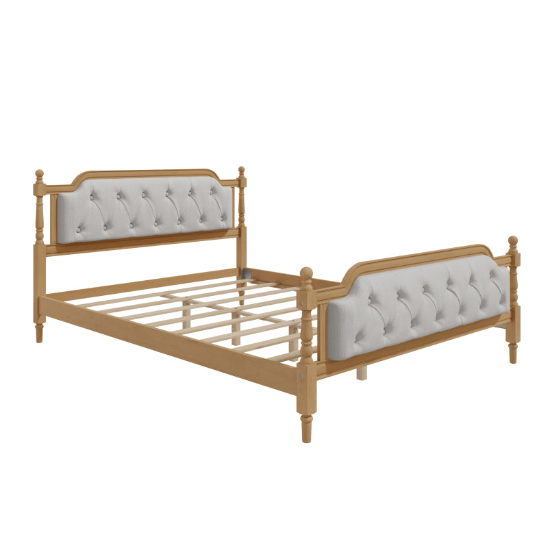 Queen Solid Wood Bed Frame with Tufted Headboard - No Box Spring, Antique Walnut