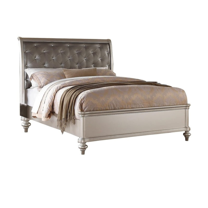 Silver Faux Leather Glamorous 3pc Bedroom Set Queen Size Bed 2x Nightstands Tufted Headboard Furniture
