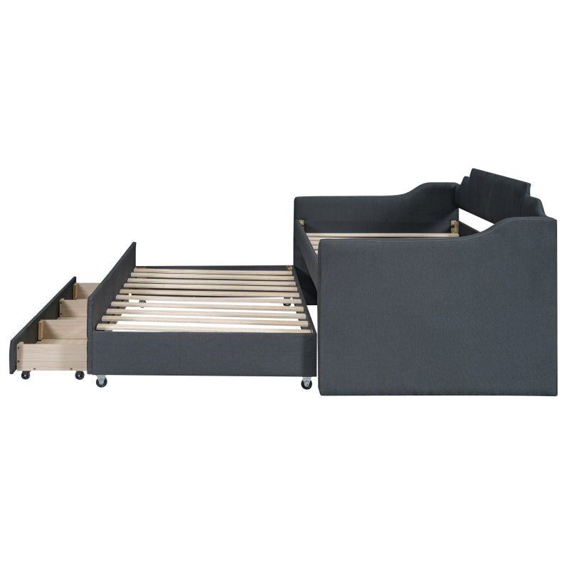 Twin Size Upholstered Daybed with Trundle and Three Drawers,Gray
