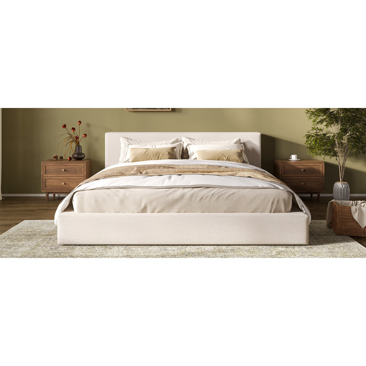 King Upholstered Platform Bed | Beige Linen Headboard & Footboard