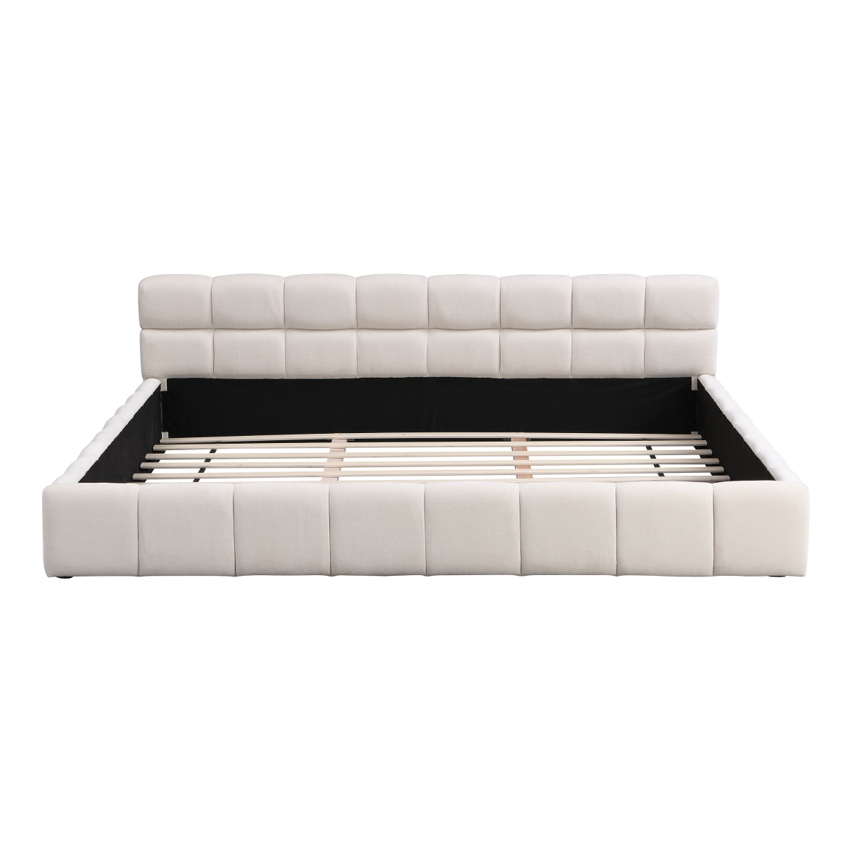 Elegant Beige Chenille Upholstered Bed with Checkerboard Design, King, Beige