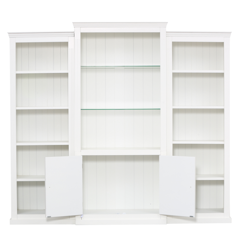 79" Tall LED Bookcase Display Cabinet - 3-Piece Retro Bookshelf with Glass Shelves, White