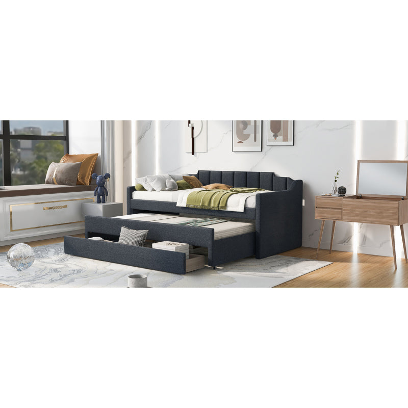 Twin Size Upholstered Daybed with Trundle and Three Drawers,Gray