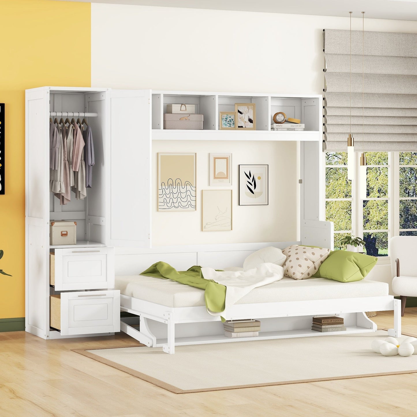 Murphy Bed with Closet & Drawers – Queen Size, White