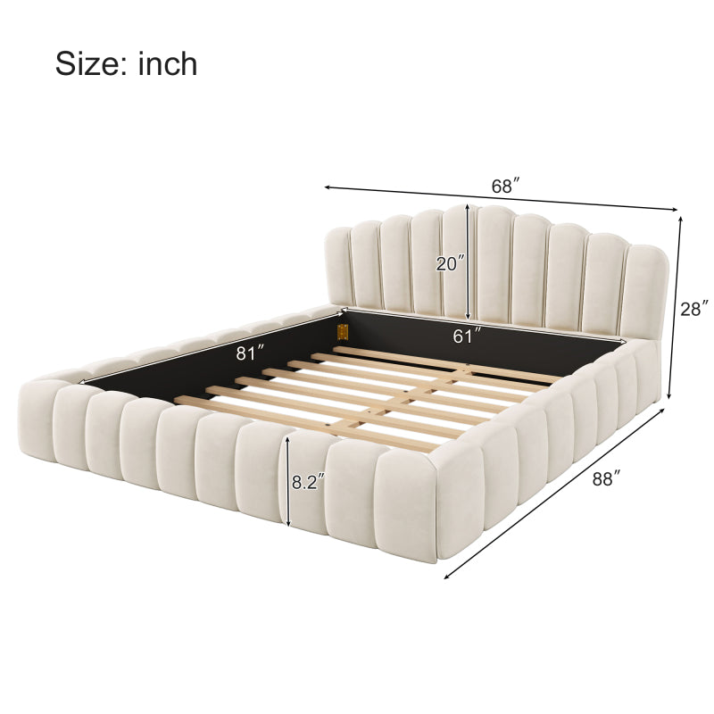 Modern Velvet Floor Bed Frame with Shell Headboard – Beige, No Box Spring Needed
