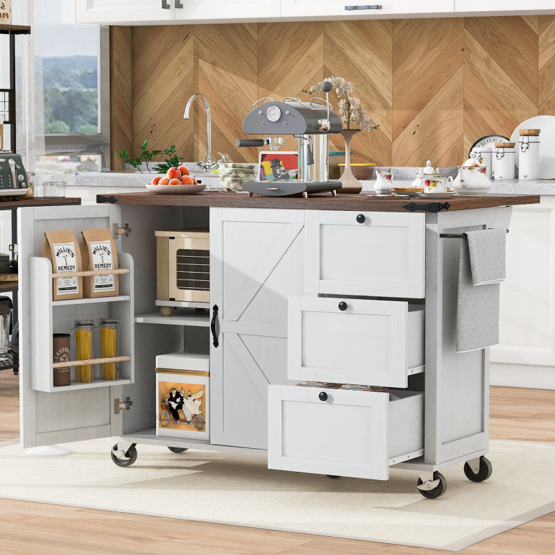 54.5" Farmhouse Kitchen Island – Drop Leaf, Power Outlet, Storage Racks, Rolling Cart-white
