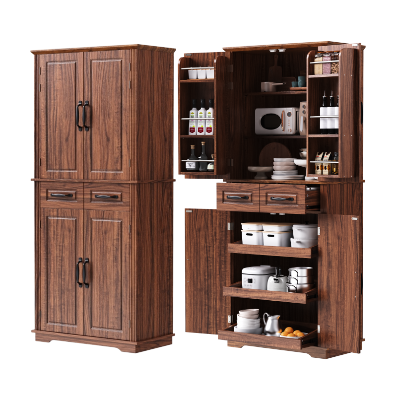 72" Farmhouse Pantry Cabinet with Pull-Out Organizers & Drawers