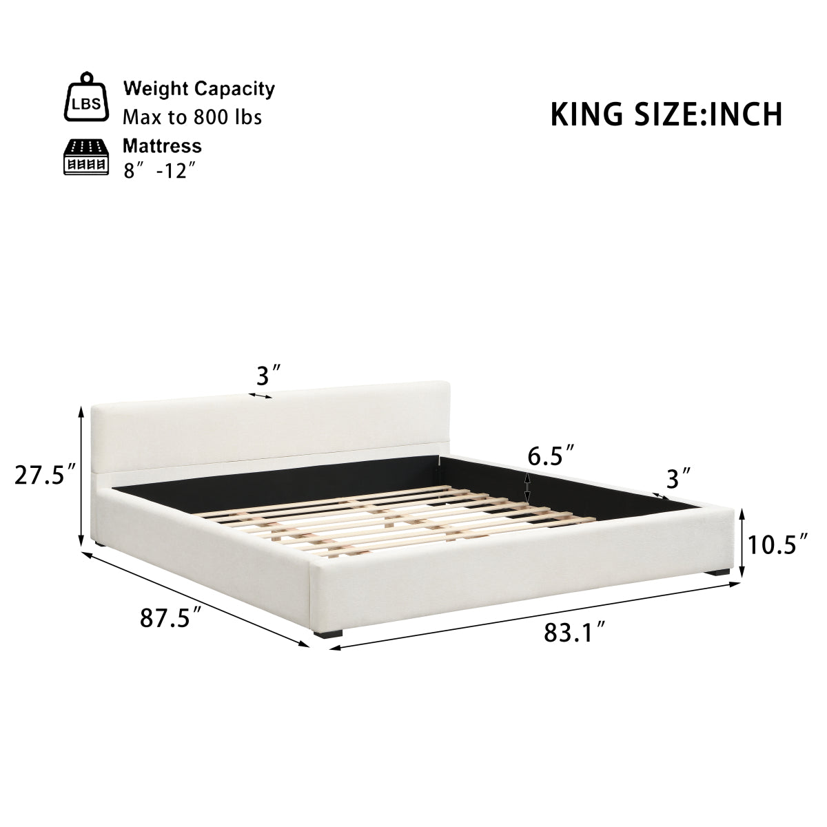 Modern Modern King Upholstered Bed: Beige Wide-Edge Platform Bed Frame Upholstered Bed: Beige Wide-Edge Platform Bed Frame