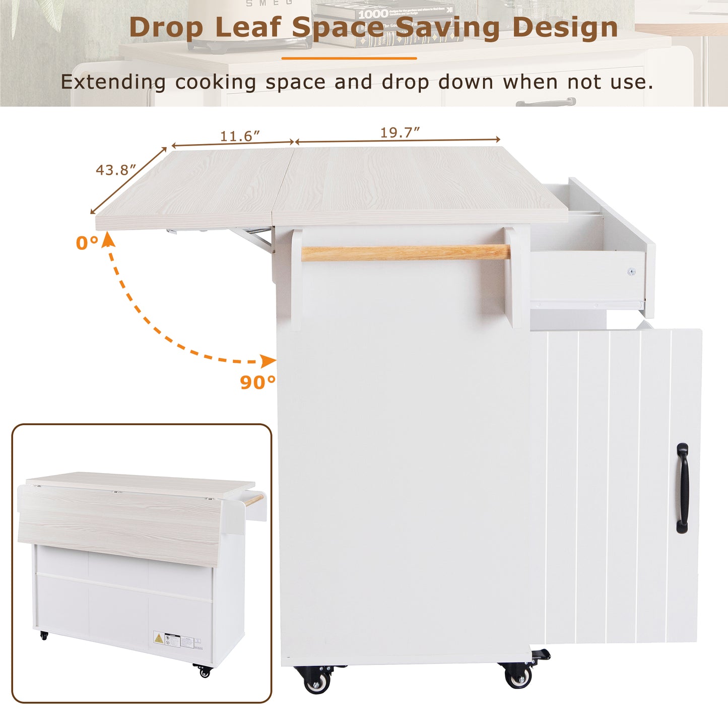 White Kitchen Island with Trash Cabinet & Drop Leaf