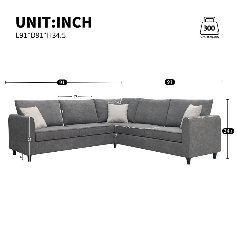 91" Modern L-Shape Sectional Sofa - Upholstered Couch with 3 Pillows