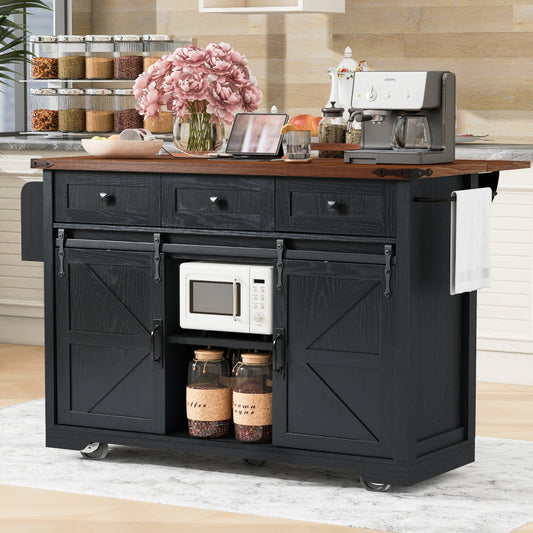 Black Rolling Kitchen Cart - 53.7" Island with Barn Doors & Storage