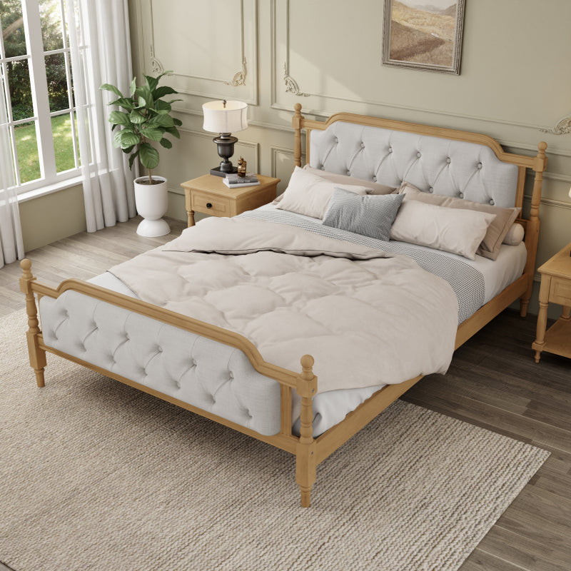 Queen Solid Wood Bed Frame with Tufted Headboard - No Box Spring, Antique Walnut