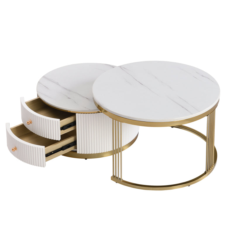 Modern 2 Pieces White Round Nesting Coffee Table with Drawers in 27.6''