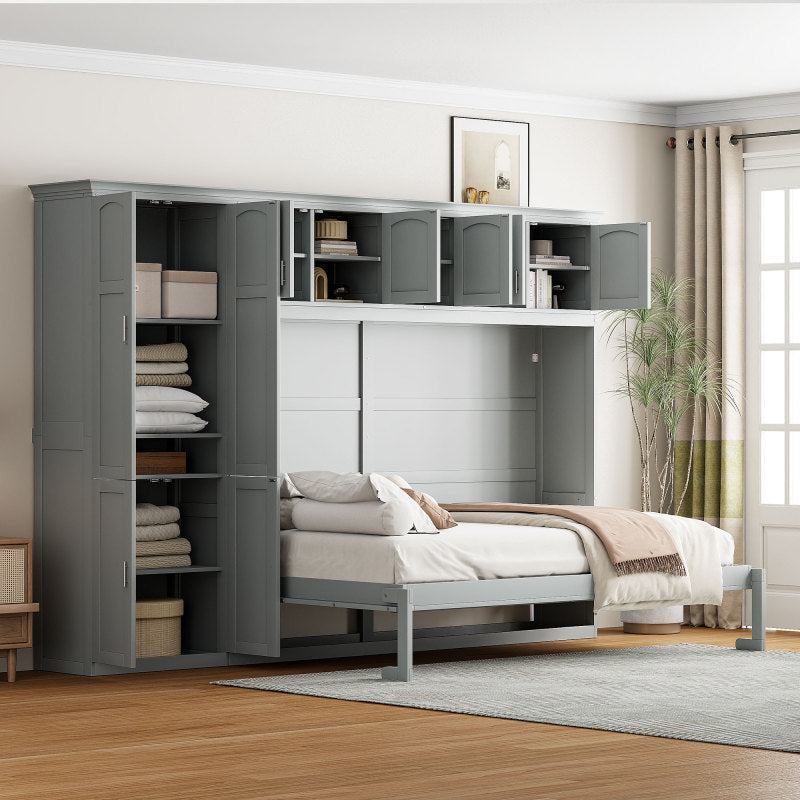 Queen Size Murphy Bed Wall Bed with Cabinets,White