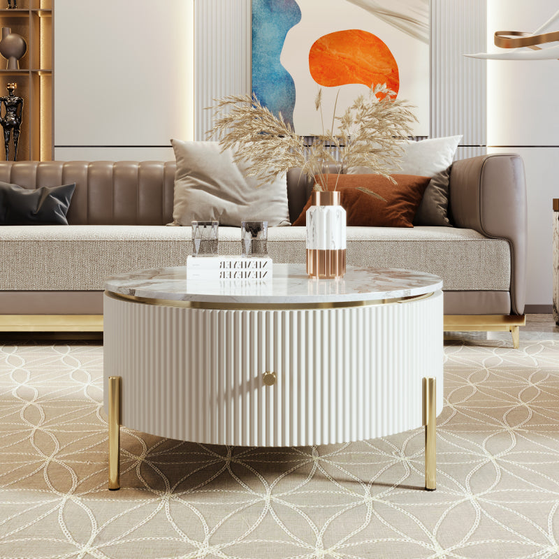27.6" Round Nesting Coffee Table | Fluted, White & Gold with Drawer